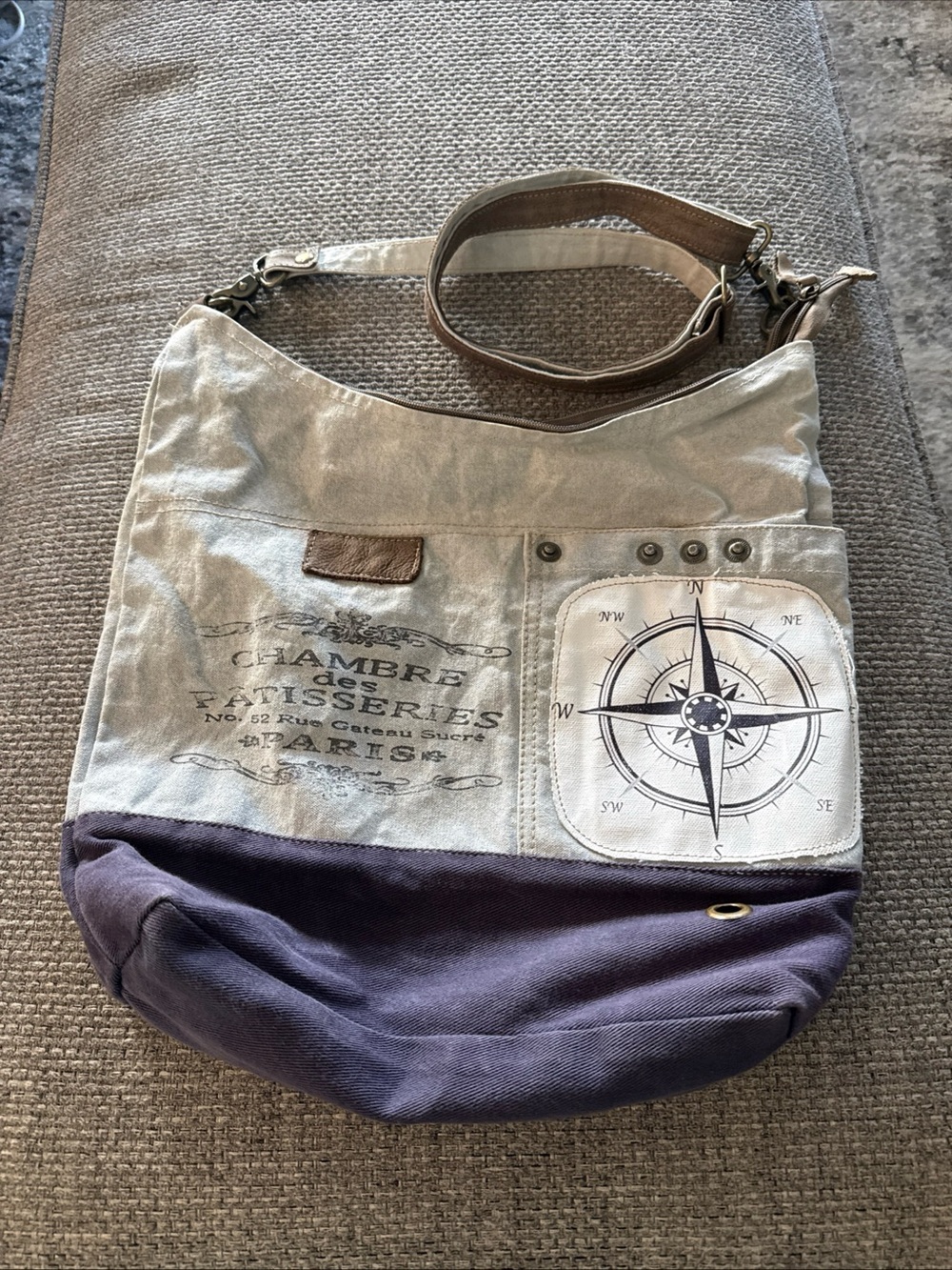 Clea Ray Crossbody Canvas Compass Print Hobo Bag in Beige and Navy